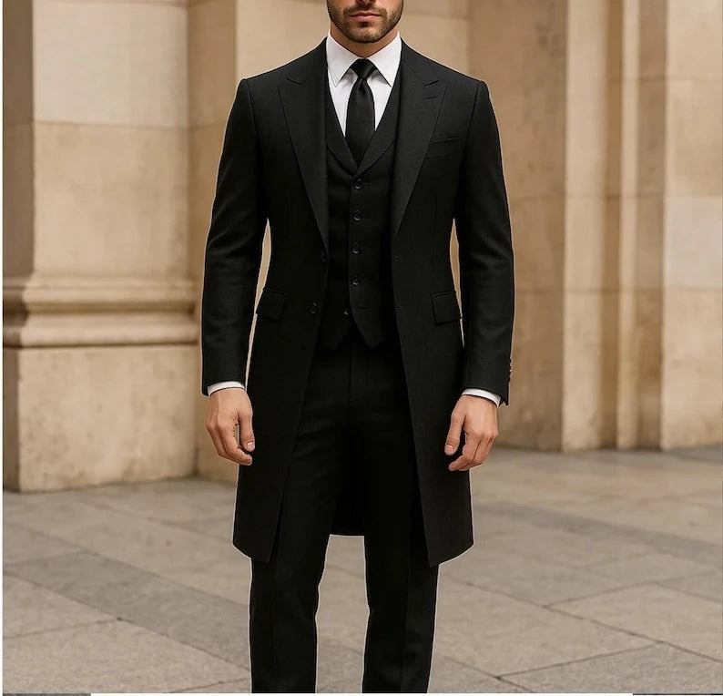 Luxury Black Tailcoat Groom Suit Custom 3-Piece Wedding Tuxedo for Men