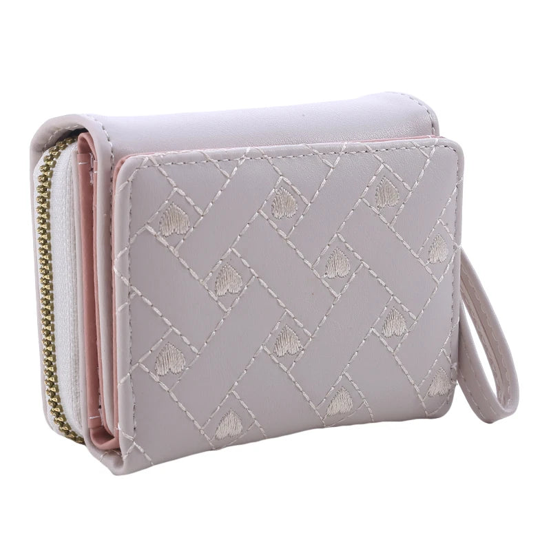 Women's Tri-Fold Wallet PU Card Holder Multi-Object Pocket Short Fashion Embroidered Love Pattern Korean Minimalist New 2023