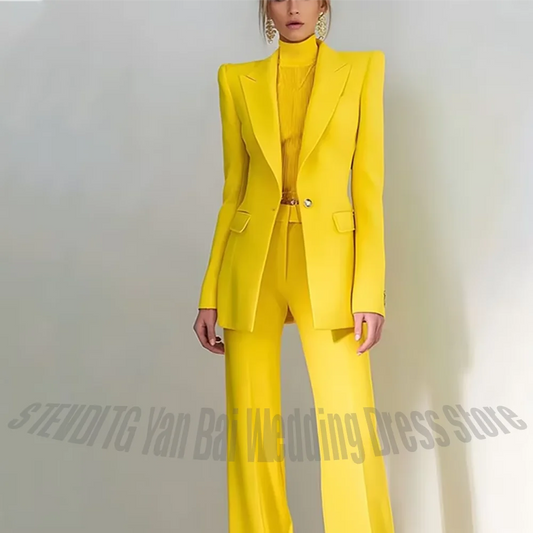Women's Pant Suit 2 Piece Set Office Female Business Work Formal Jacket Trouser One Button Chic Yellow Peaked Lapel Elegant Suit