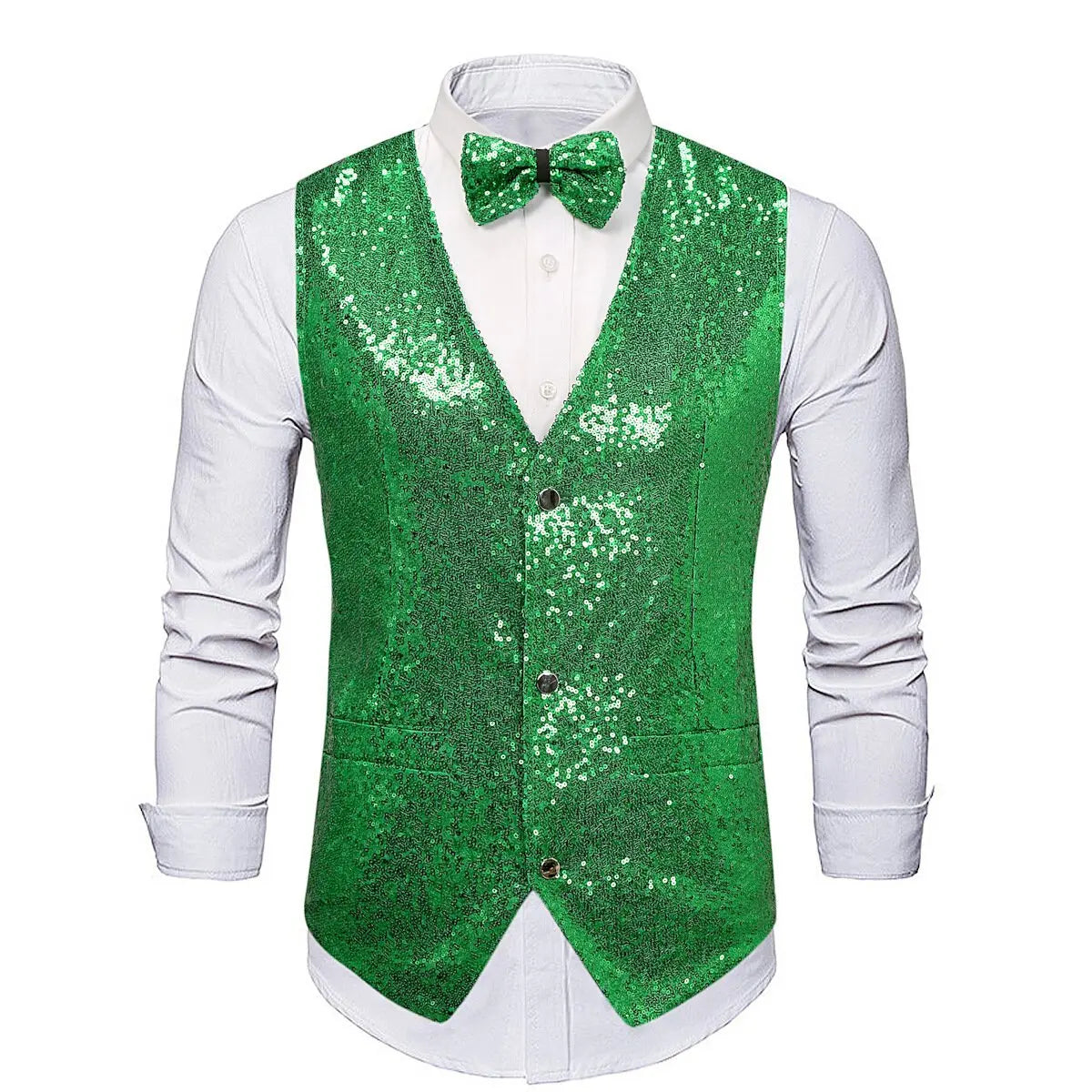 Luxury Vest for Men V-neck Slim Sparkling Tailcoat Solid Plain Waistcoat Bowtie Set Wedding Party Formal Sleeveless Jacket