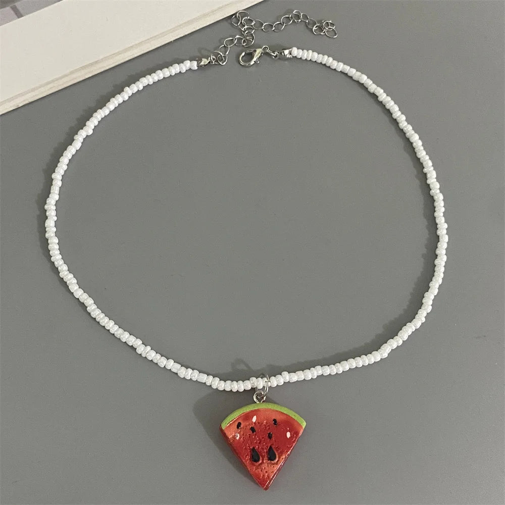 Collier Pendentif Fruits Fait Main | Perles Riz Bohème | Choker Pastèque Citron Fraise | Bijou Fille Femme