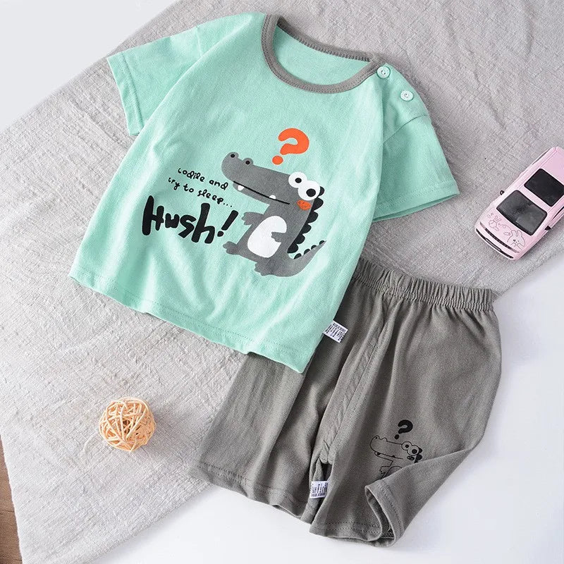 Pyjama 2 Pièces Enfant Coton | T-Shirt & Short | Cartoon Ours Dinosaure | Bébé 1-4 Ans Été