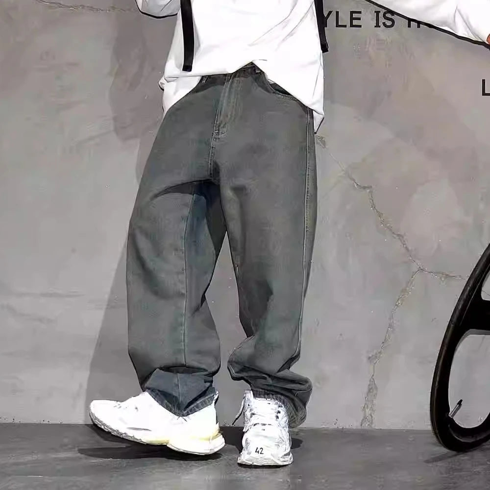 American Streetwear Baggy Jeans For Men's Clothing Vintage Distressed Gray Denim Pants Harajuku Casual Skateboard Pants Male
