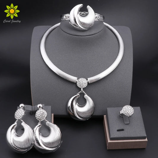 Dubai Jewelry Set For Women Silver Plated Luxury Necklace Earrings Bracelet And Ring Set Jewelry For Wedding Party Trending