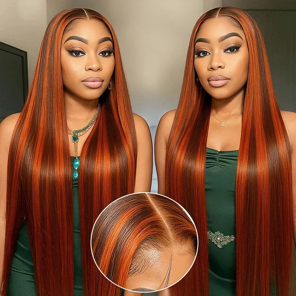 Perruque Lisse Highlight Ombre 4/350 | Gingembre Orange Brun | 13x6 & 13x4 Lace Front | Glueless | Cheveux Humains