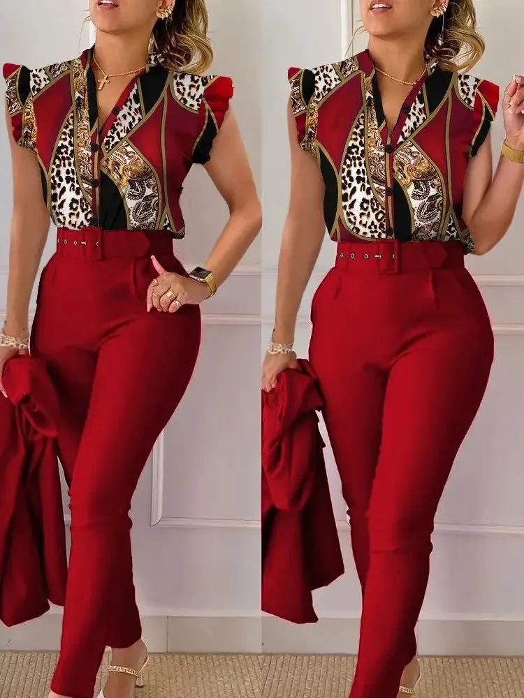Women's Elegant Slim Two-Piece Sets Summer Fashion Print V Neck Button Flying Sleeve Shirt Top & Solid Long Pants Suits With Belt