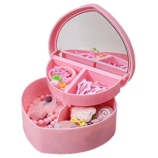 Hair Accessories Box Jewelry Storage With Mirror Pink Hair Clips Rubber Band Organizer For Girls Children Portable Travel Case