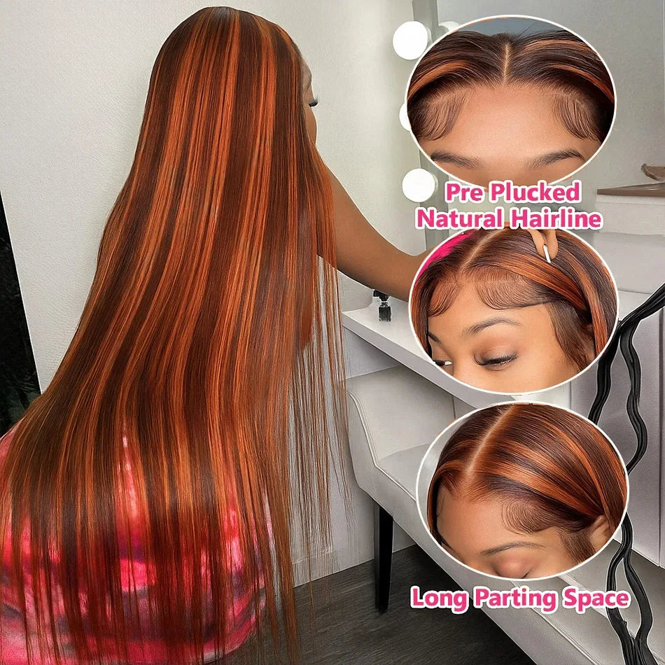 Perruque Lisse Highlight Ombre 4/350 | Gingembre Orange Brun | 13x6 & 13x4 Lace Front | Glueless | Cheveux Humains