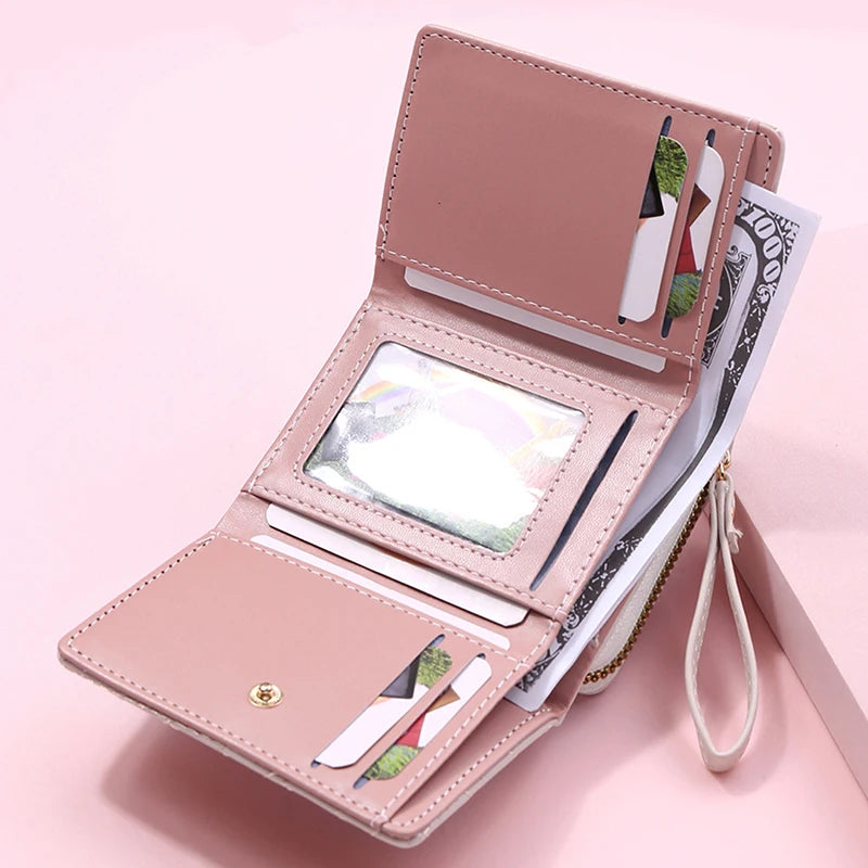 Women's Tri-Fold Wallet PU Card Holder Multi-Object Pocket Short Fashion Embroidered Love Pattern Korean Minimalist New 2023