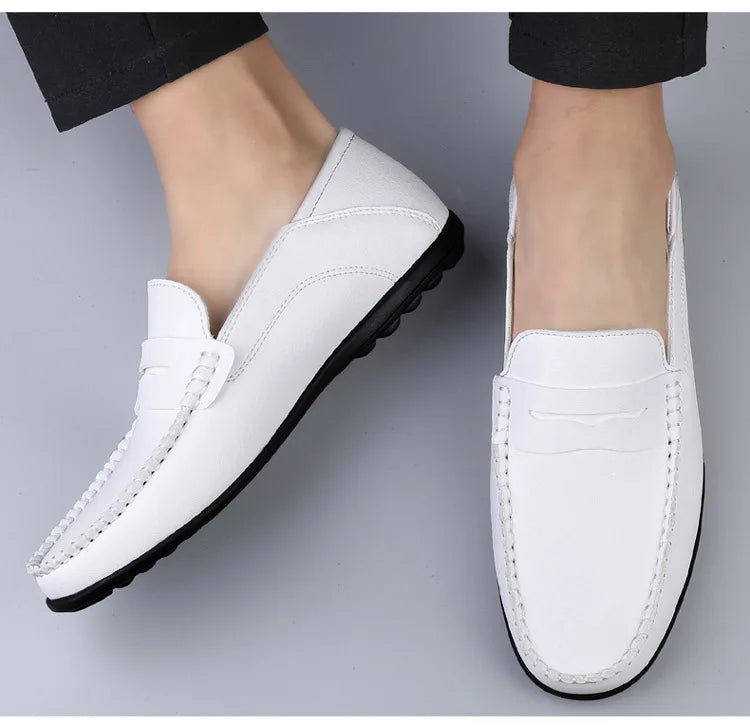 Mocassins Homme Mariage | Cuir Fendu Blanc | Chaussures Conduite Légères | Slip-On Casual Élégant 2026