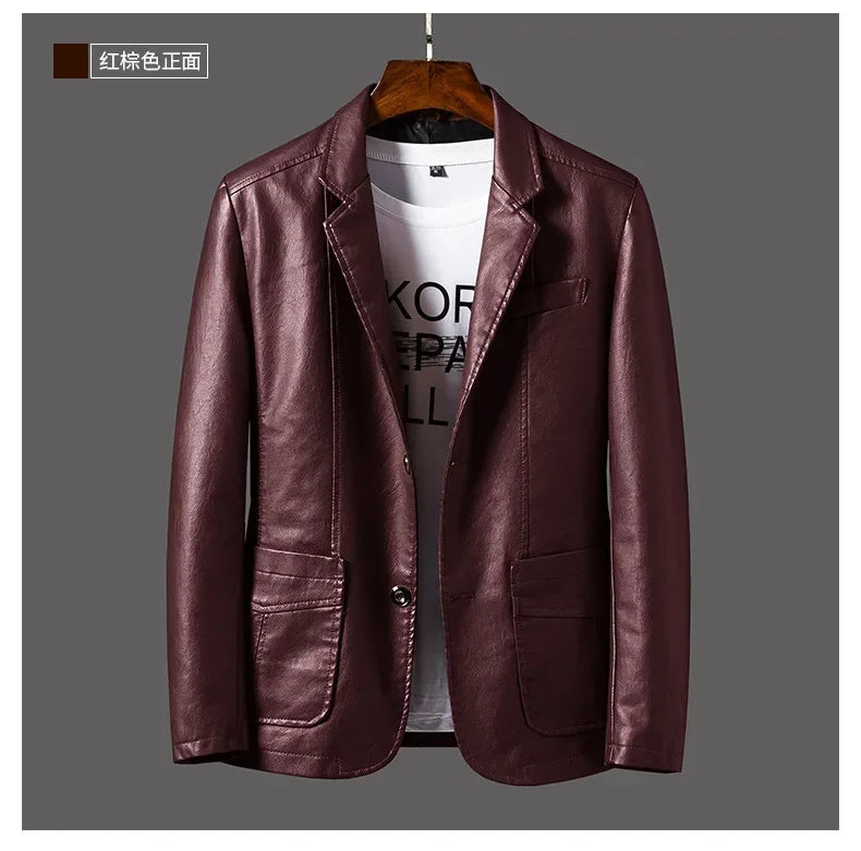 New Leather Jacket Men's Business Casual Lapel PU Leather Blazers Fashion Solid Slim Korean Style Leather Coat Big Size 6XL