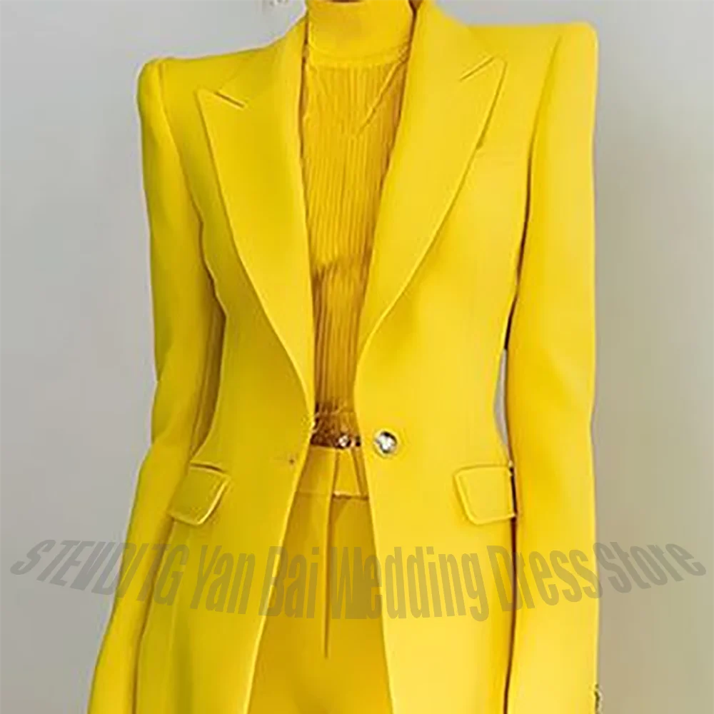 Women's Pant Suit 2 Piece Set Office Female Business Work Formal Jacket Trouser One Button Chic Yellow Peaked Lapel Elegant Suit