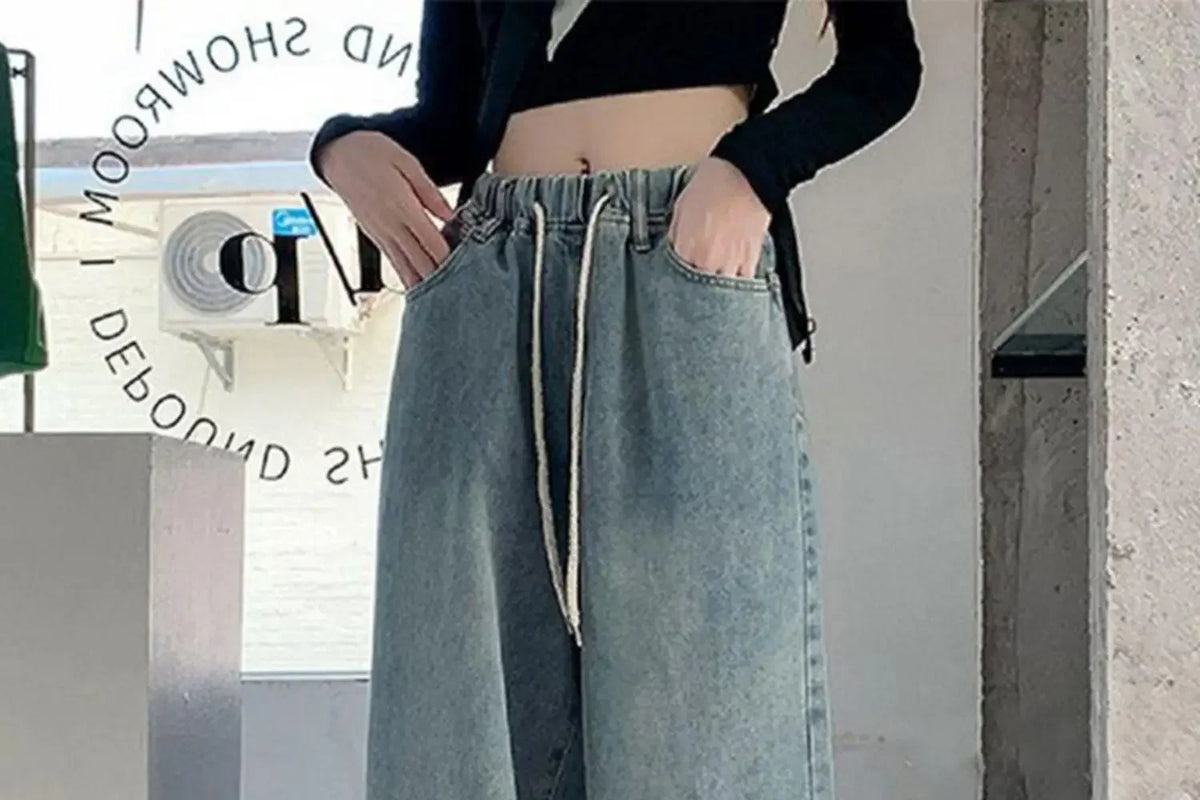 Botvotee Elastic Waist High Waist Wide Leg Jeans for Women Loose Straight Blue Long Denim Pants Female Fashion Streetwear Jeans