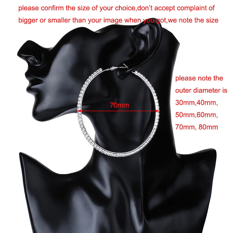 Grandes Boucles Créoles 30-80mm | Cristal Strass Cercle | Noir Or Argent | Femme Fille | Fête Cadeau