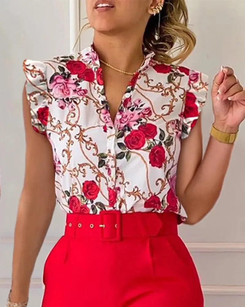 Women's Elegant Slim Two-Piece Sets Summer Fashion Print V Neck Button Flying Sleeve Shirt Top & Solid Long Pants Suits With Belt