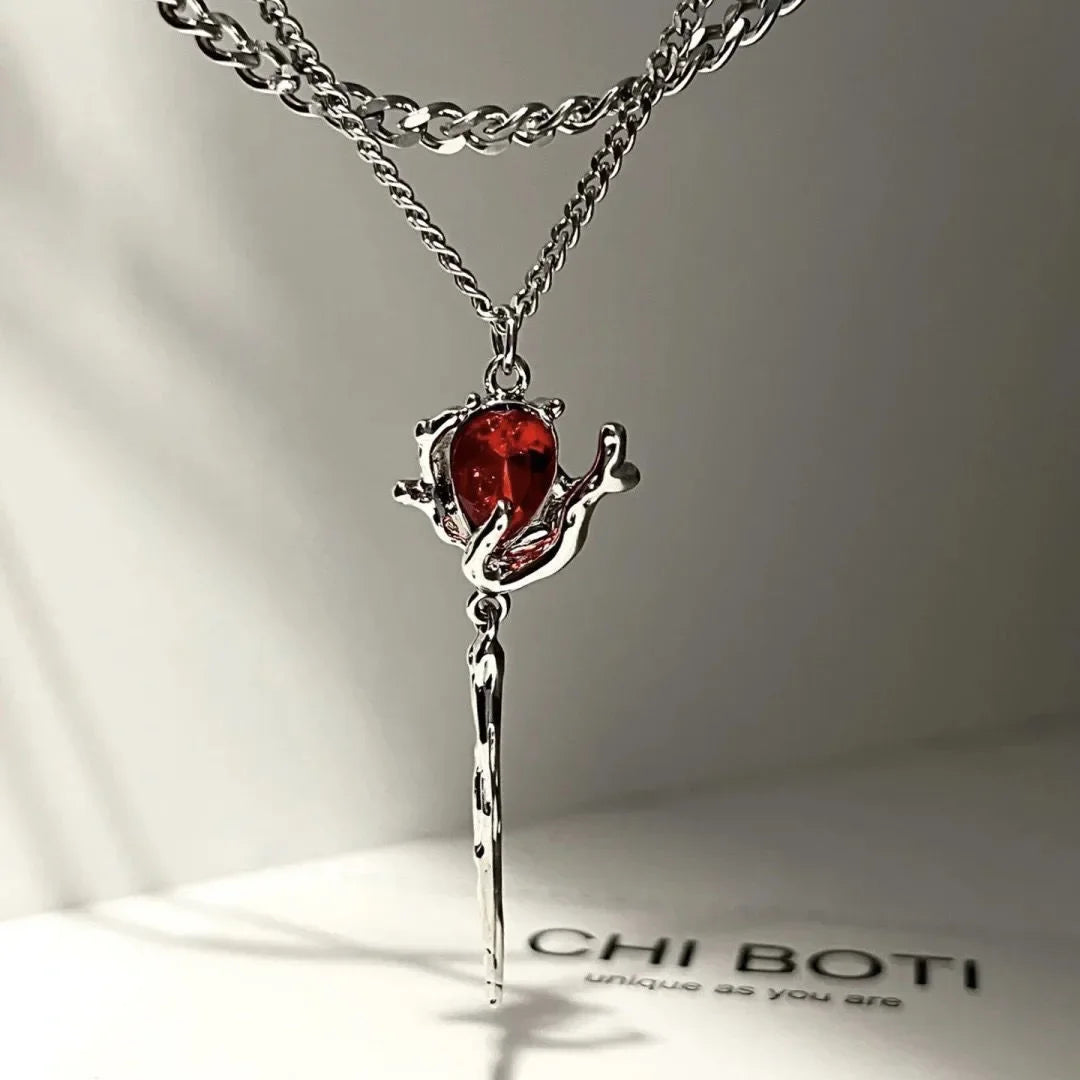 Two-Layer Mixed Chain Silver Necklace, Irregular Frame Red Crystal Thorn Pendant Gothic Cool Stack Collarbone Jewelry for Women