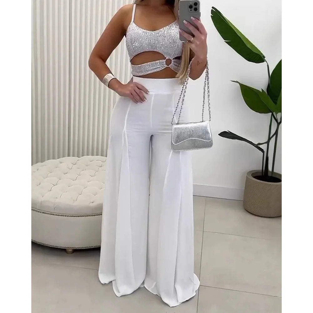 Women's 2-Piece Outfit Slim Fit Wide Leg Pants Spaghetti Strap Top Casual Elegant Summer Spring Matching Set For Party Vacation