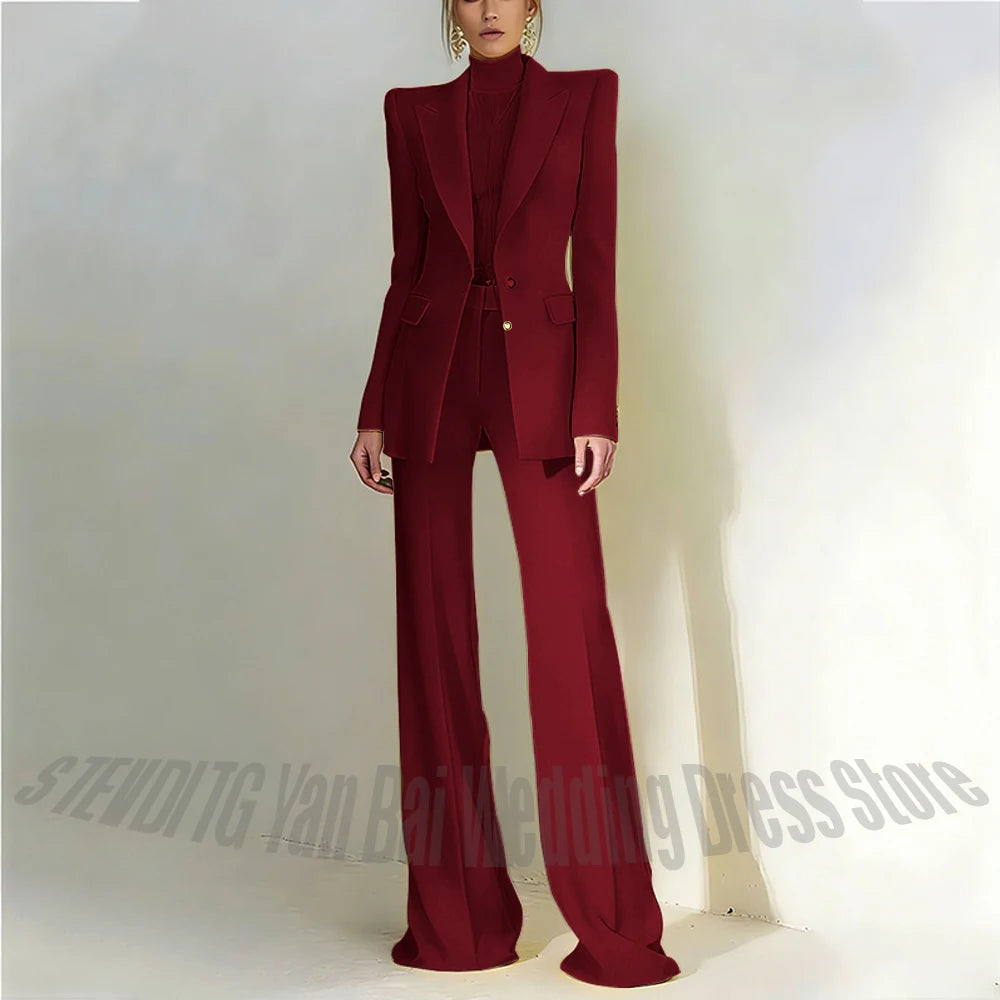 Women's Pant Suit 2 Piece Set Office Female Business Work Formal Jacket Trouser One Button Chic Yellow Peaked Lapel Elegant Suit
