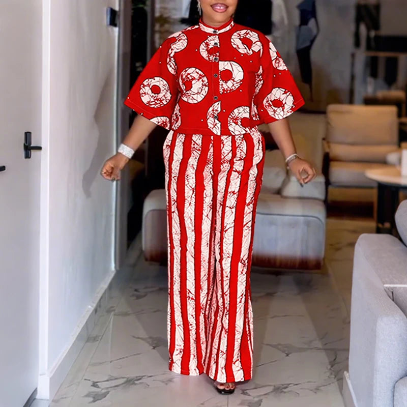 Ensemble 2 Pièces Grande Taille Femme 5XL | Boho Manches 3/4 | Chemise Imprimée & Pantalon Large | Vintage