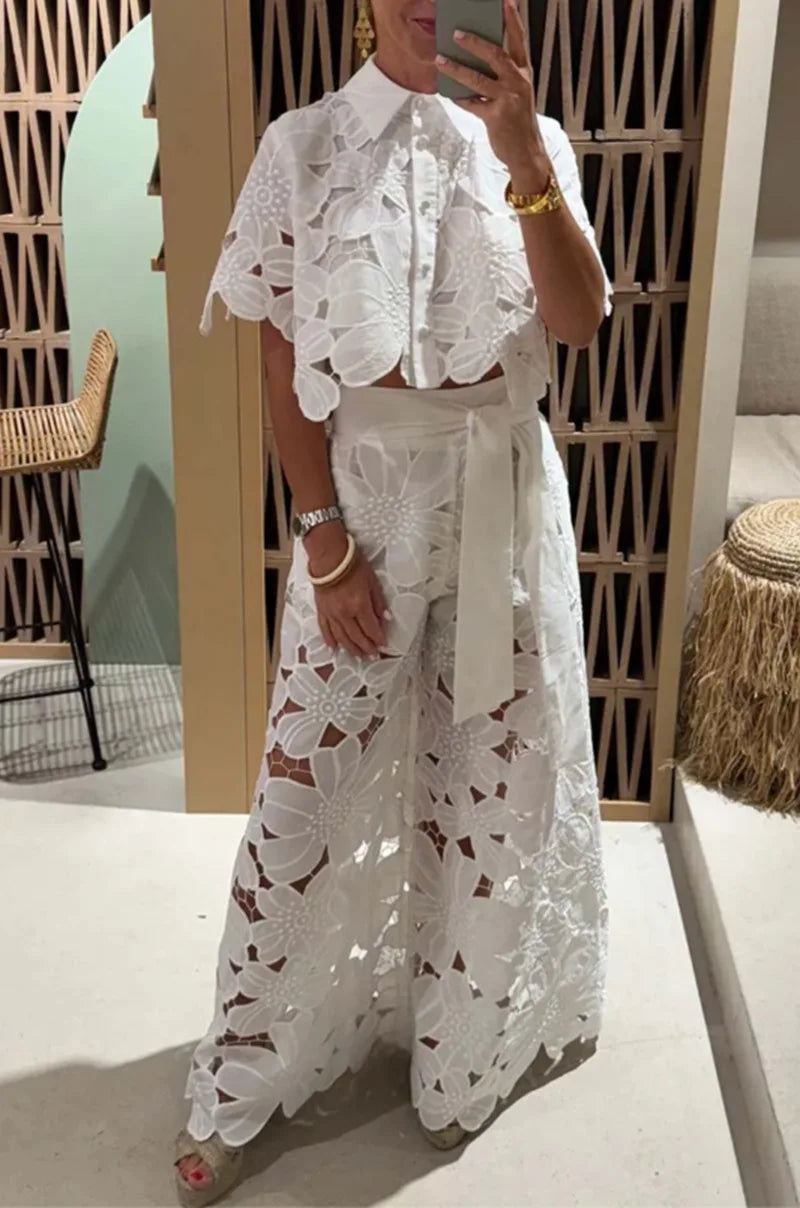 Ensemble 2 Pièces Femme Élégant | Dentelle Ajourée Top & Pantalon Jambe Large | Uni Casual
