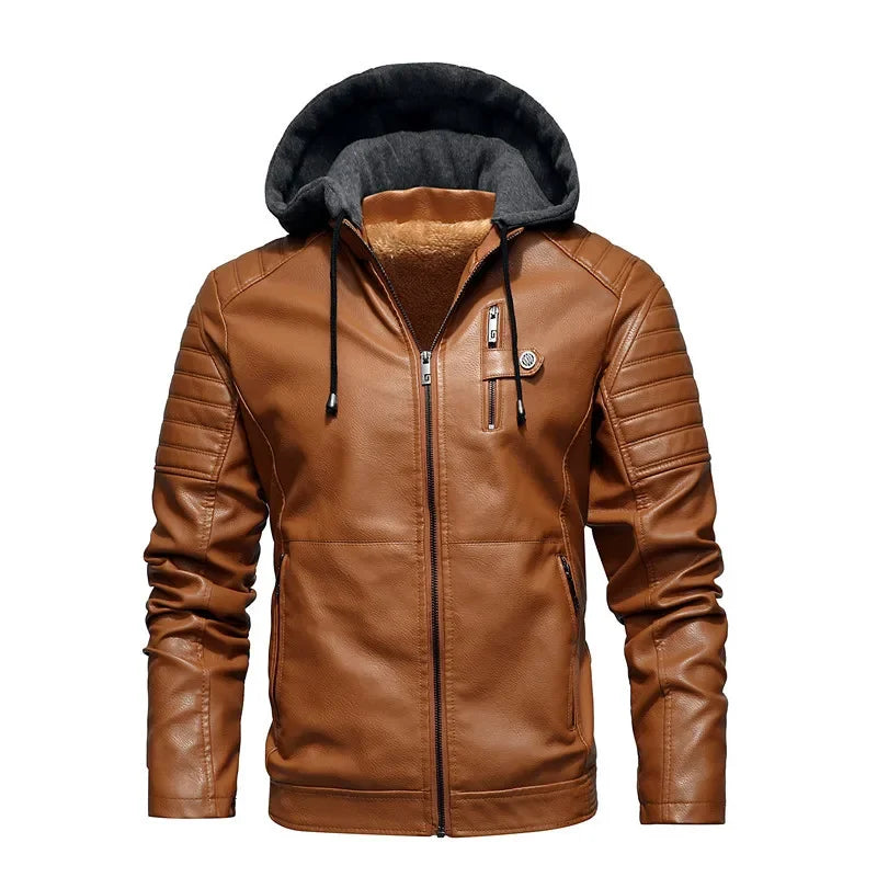 Men Hooded Leather Jackets Slim Fit Motorcycle PU Leather Coats High Quality Men Fleece Warm Leather CoatsSize 5XL