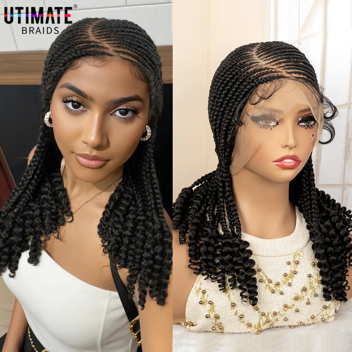 Full Lace Braided Wig with Curly Ends Synthetic Cornrow Braids Wig for Black Women Lace Frontal Afro Knotless Braiding Wigs