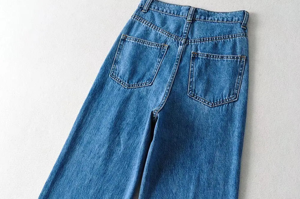 Jean Femme Taille Haute 2025 | Printemps-Automne | Décontracté Droit | Ourlet Brut Longueur Sol | Vintage