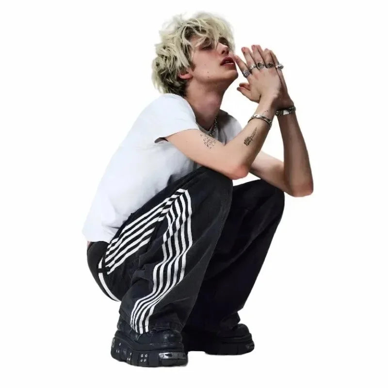 American Harajuku Style Baggy Jeans Y2K Streetwear Striped Denim Pants Men Women Casual Wide Leg Trousers Trendy High Street Pants