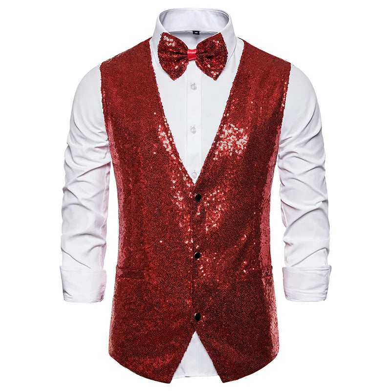 Luxury Vest for Men V-neck Slim Sparkling Tailcoat Solid Plain Waistcoat Bowtie Set Wedding Party Formal Sleeveless Jacket