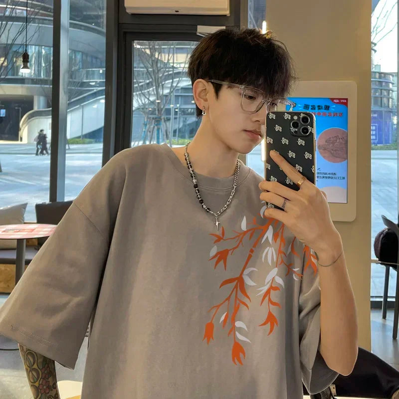 T-Shirt Homme Oversize Coton | Blanc | Imprimé Bambou | Jusqu'au 5XL | Casual Été Mode