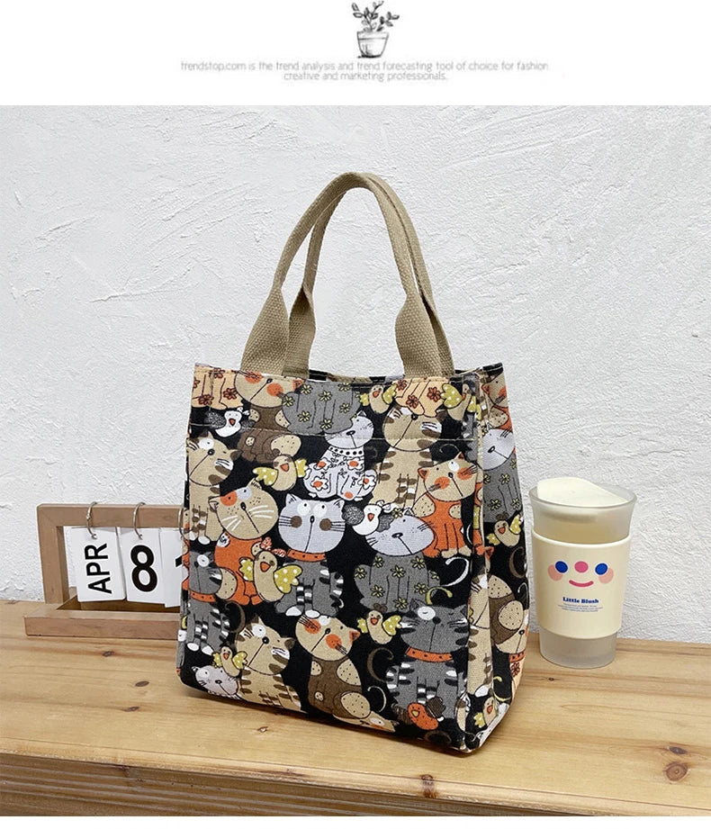 Fashionable Top-Handle Bag with Cute Cat Pattern, Portable Mommy Bag for Women
