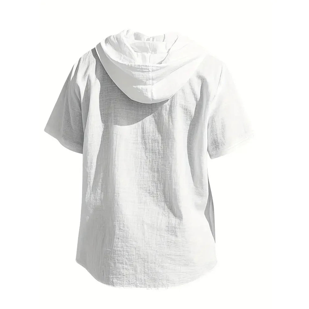 Men's Cotton Linen Hooded Short Sleeve Solid Color Breathable Lightweight Drawstring Design Shirts Casual Basic Tees