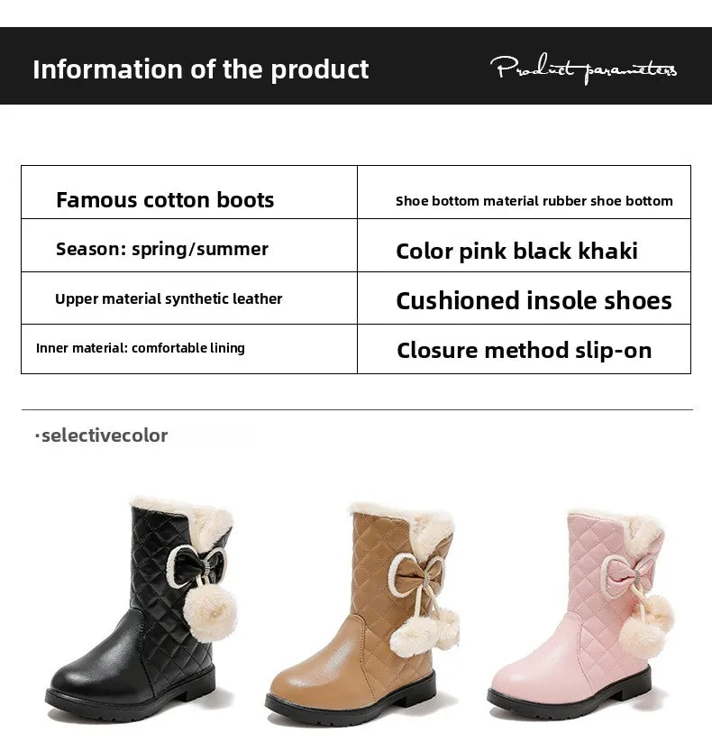 2025 Winter New Fashion Children Princess Boots Waterproof Girls Warm Boots with Bow Kids Snow Boots with Fur Plush