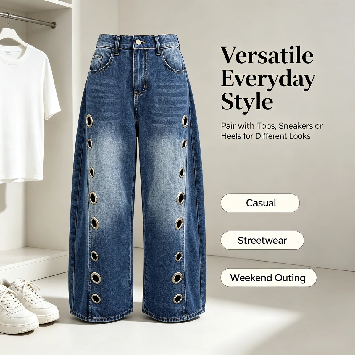 Missuoo Women's Washed Blue High-Waist Metal Grommet Wide Leg Jeans 2026 Casual Loose Fit Streetwear Pants Casual Trousers