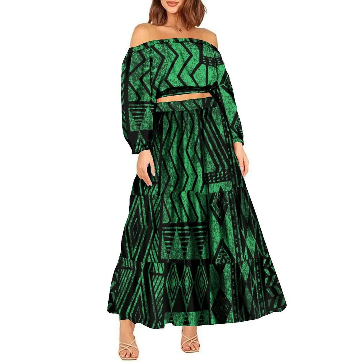 2024 Trendy 2 Piece Set Custom Polynesian Tribal One Shoulder Long Sleeve Crop Top Maxi Skirt Plus Size Women's Sets Dress