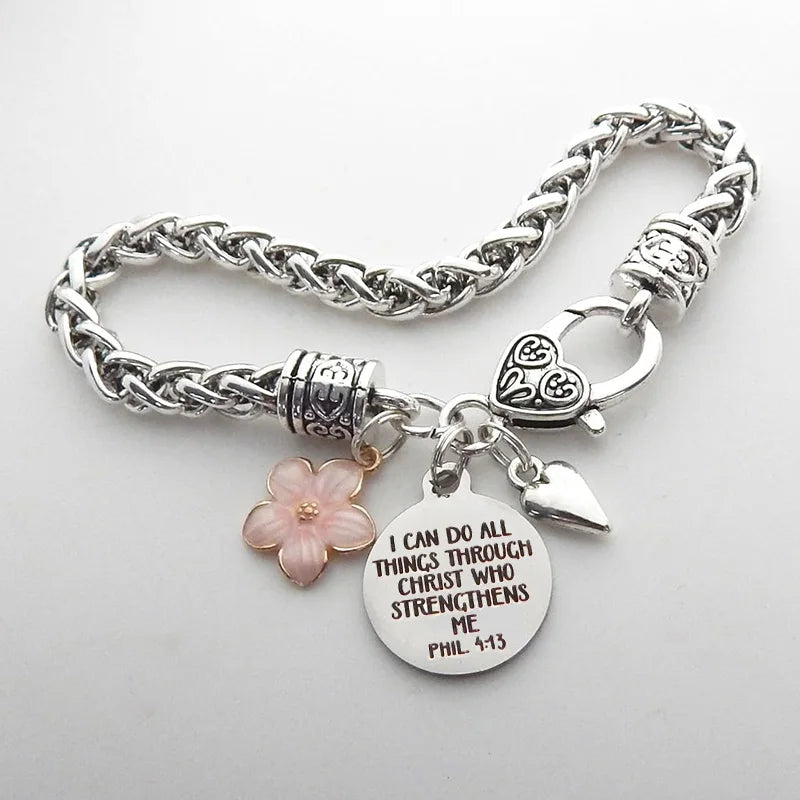 Flower Heart Bible Verse Charm Bracelet Antique Silver Plated Twisted Chain Bracelets Inspirational Christian Jewelry