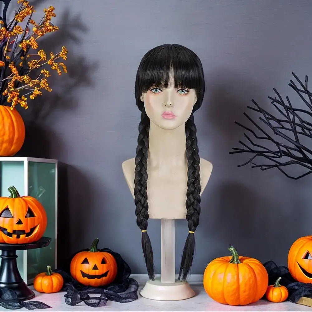 Double Ponytail Braided Wig For Wednesday Wigs Halloween Gothic Costume Braids Anime Double Black Synthetic Braided With Bangs