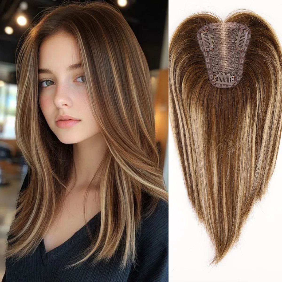 Topper Cheveux Remy 100% | Brun Ombré | 12 Pouces | Lace Base Milieu | Clip | Pour Cheveux Clairsemés | Femme