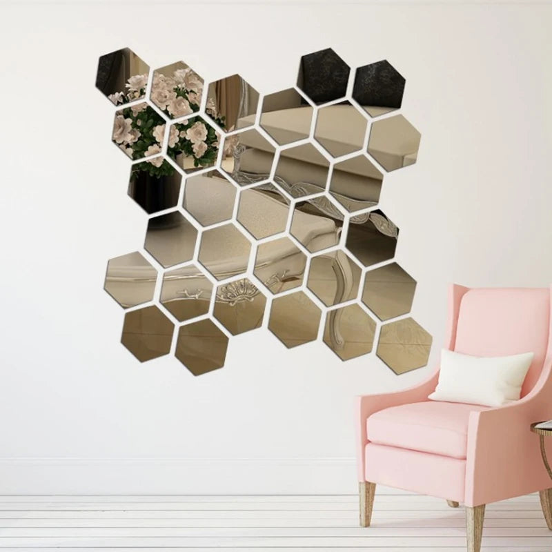 Hexagonal Mirror Wall Decals | Self-Adhesive 3D Acrylic Decorative Mirrors | Creative Wall Decals for Living Rooms and Bedrooms