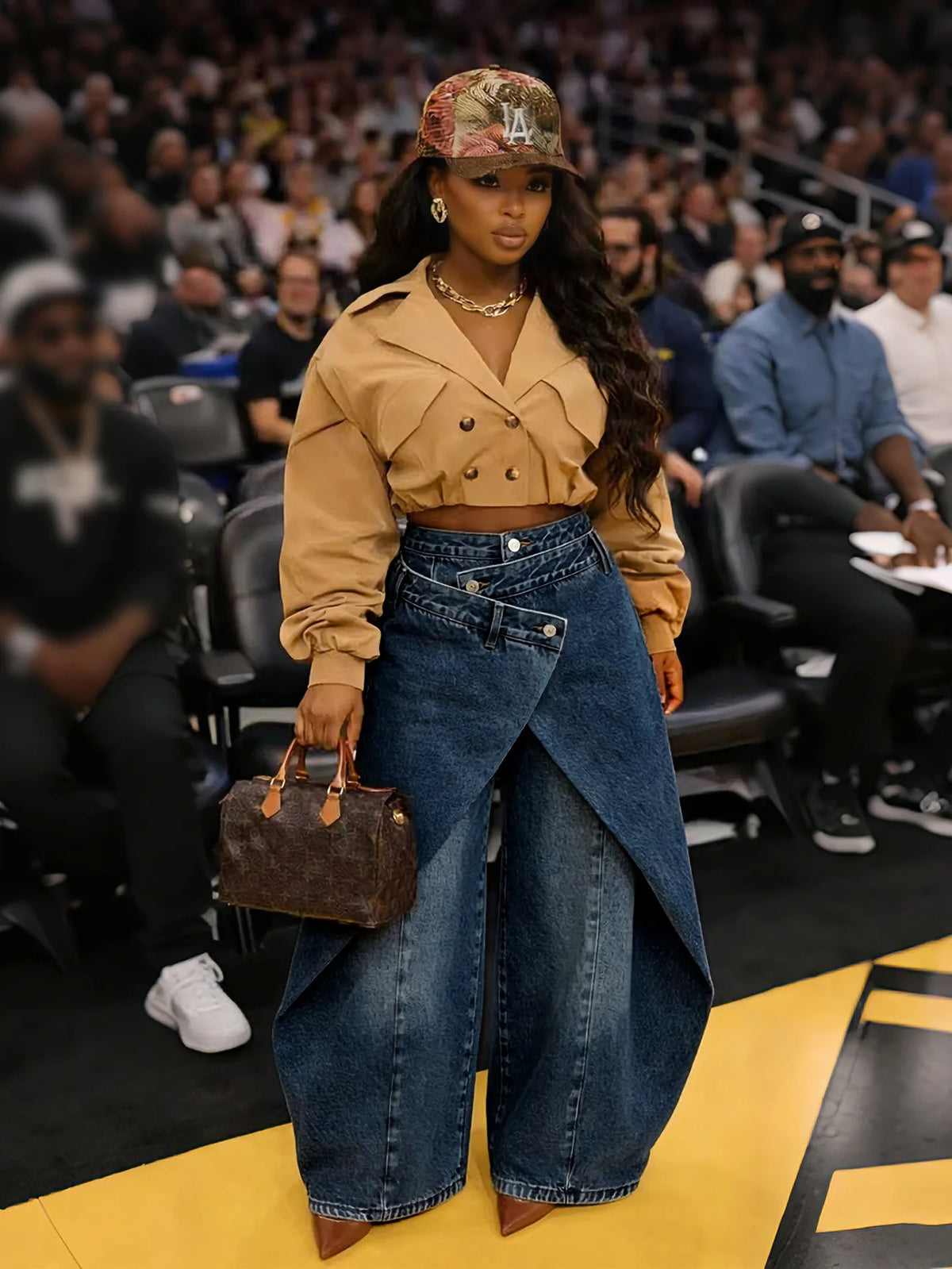 Vintage Washed Denim Wide Leg Pants Women Asymmetrical Wrap Overlap High Waist Y2K Streetwear Casual Fashion Baggy Jeans