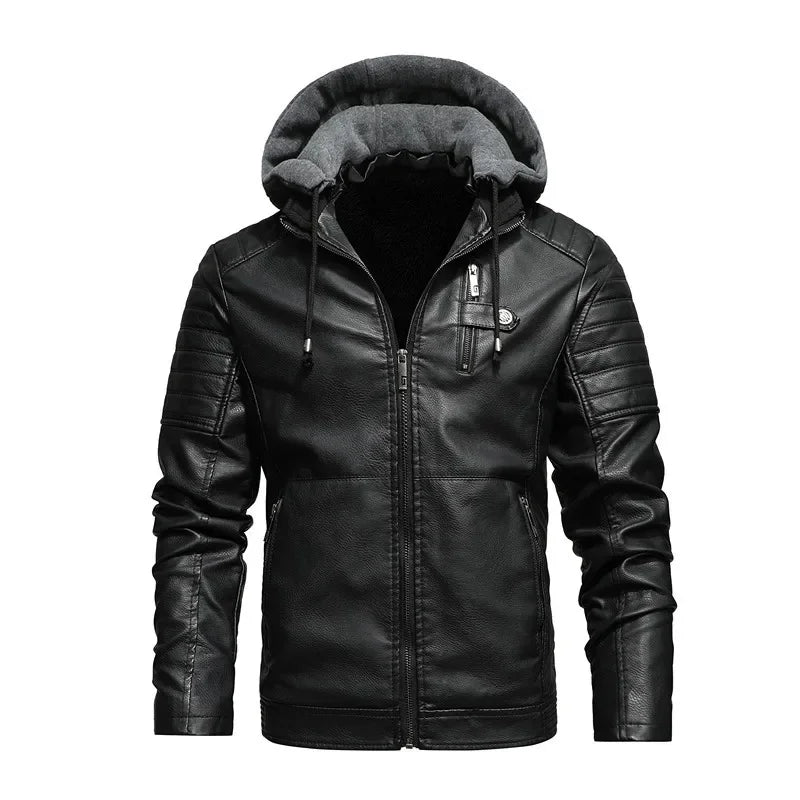 Men Hooded Leather Jackets Slim Fit Motorcycle PU Leather Coats High Quality Men Fleece Warm Leather CoatsSize 5XL