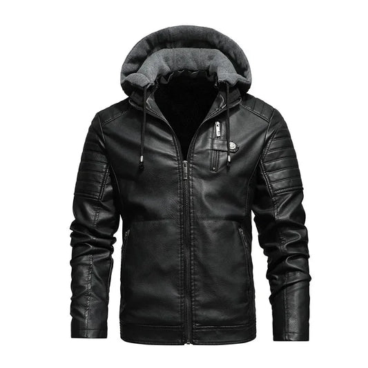 Men Hooded Leather Jackets Slim Fit Motorcycle PU Leather Coats High Quality Men Fleece Warm Leather CoatsSize 5XL