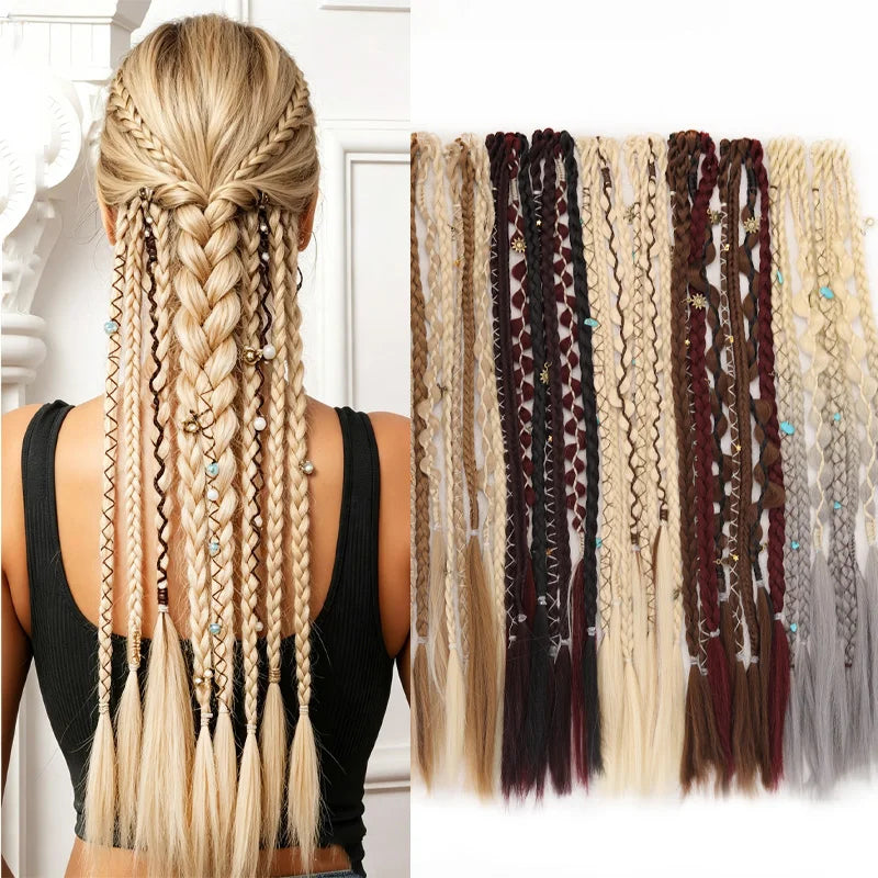 Bohemian Long Hair Braid Hand-Woven Wig Braid with Decorative Hair Accessories Easy-to-Wear Synthetic Hair Clip Braid synthetic