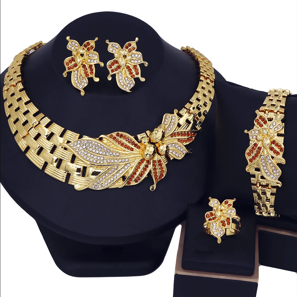 YTJX Wedding Jewelry Set Africal Big Flower Choker Necklace Fine Zircon Bracelet Piercing Earring Ring 18K Gold Plated Jewellery