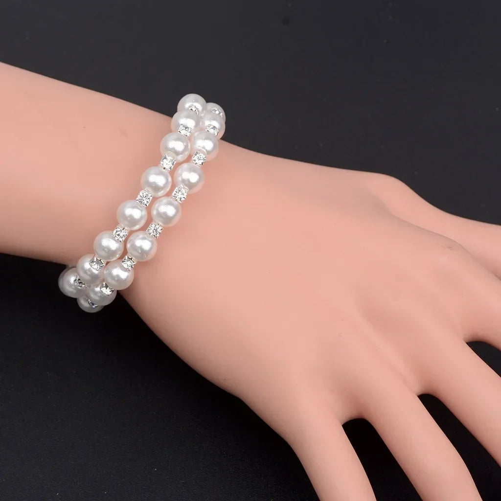 Elegant Multi-Layer Pearl Bracelet Adjustable Crystal Beaded Bangle for Women Wristband Bridal Jewelry Weddings Party Gifts