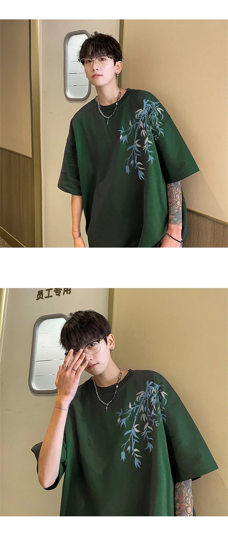 T-Shirt Homme Oversize Coton | Blanc | Imprimé Bambou | Jusqu'au 5XL | Casual Été Mode
