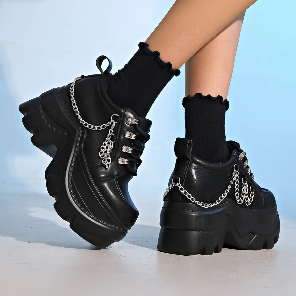 Sneakers Chunky Femme Gothique Punk | Décor Chaîne | Semelle Épaisse Antidérapante | Grande Taille