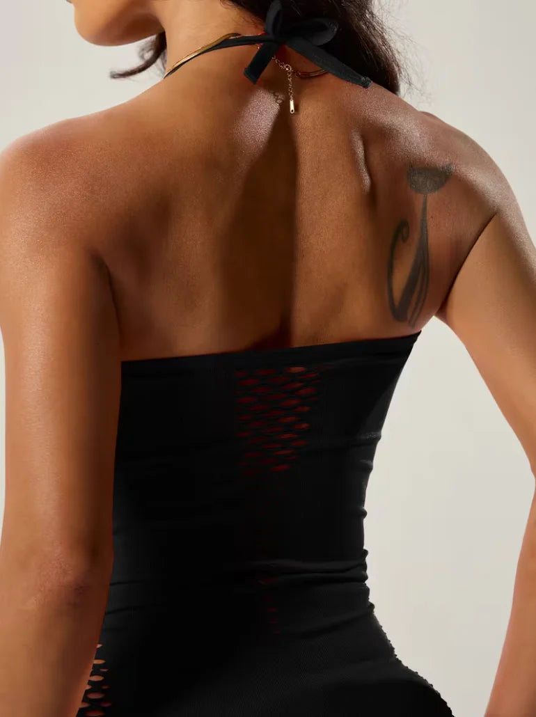 Robe Bodycon Halter Femme | Découpes & Filet | Lingerie Nuit | Tenue Soirée Élégante | Sexy