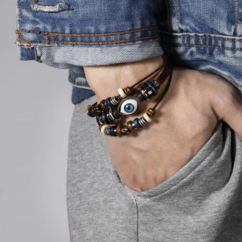 Bracelet Cuir Tressé Perles Bois | Unisexe Ethnique Tribal | Fait Main | Manchette Femme & Homme
