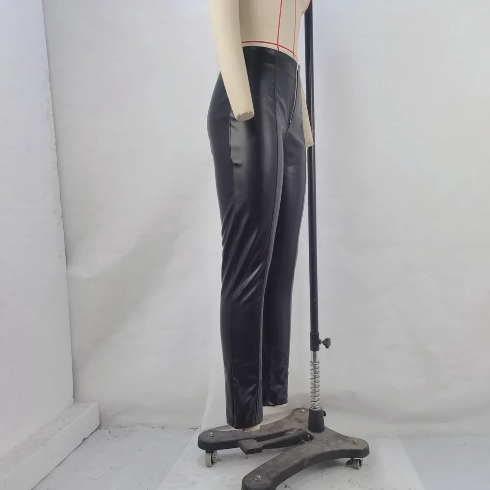 Women High Cut Fashion PU Leather Pencil Pants 2024 American And European Sexy Zipper Fly Legging Lady Slim Faux Leather Outfits